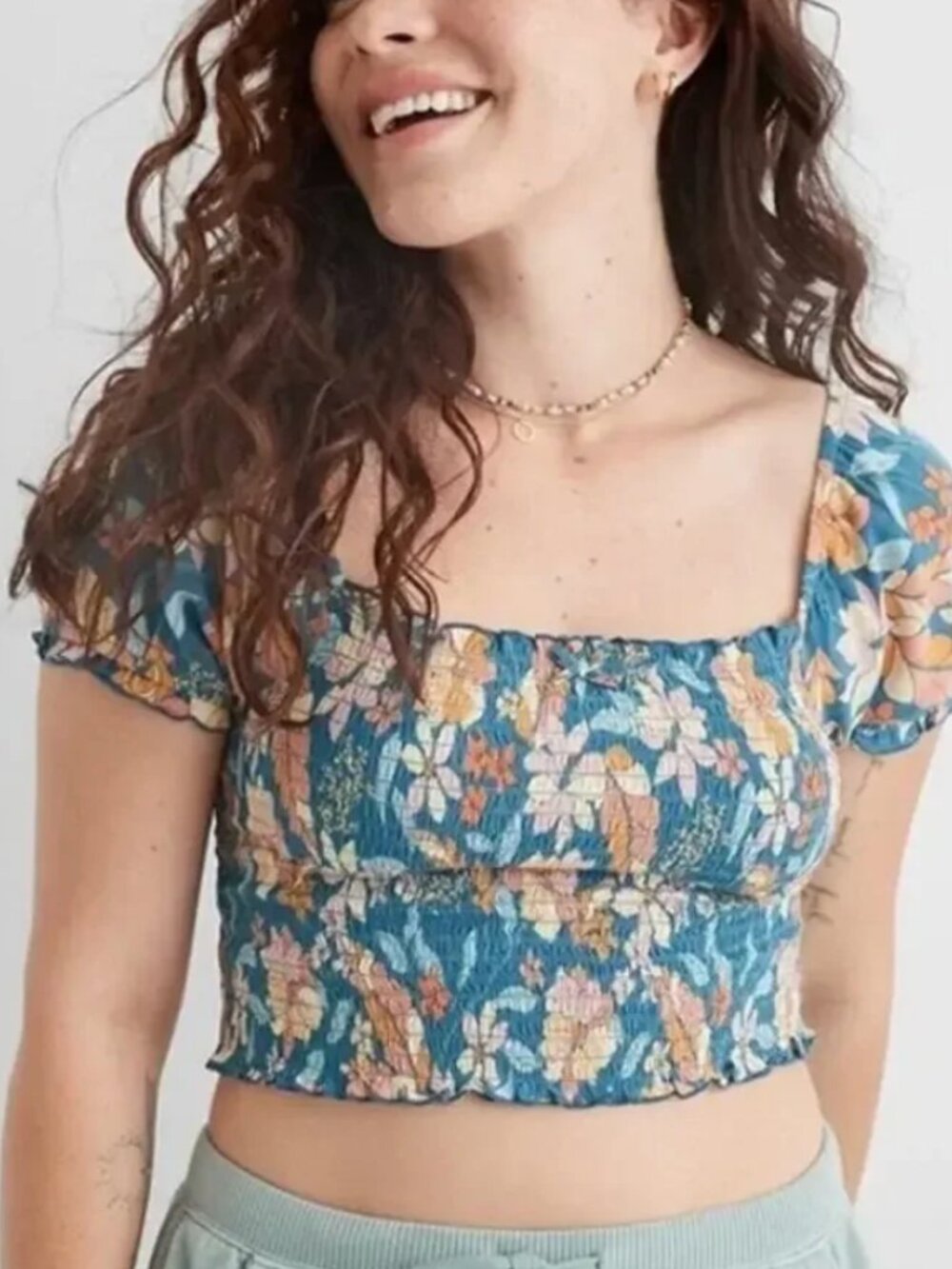Aerie Blue Flioral Crop Top - Small